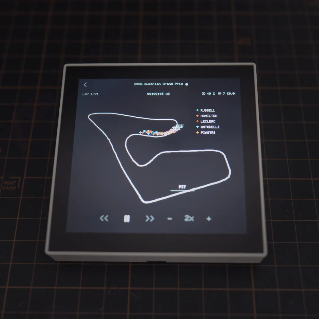 F1 Race Replay running on its dedicated square physical display.