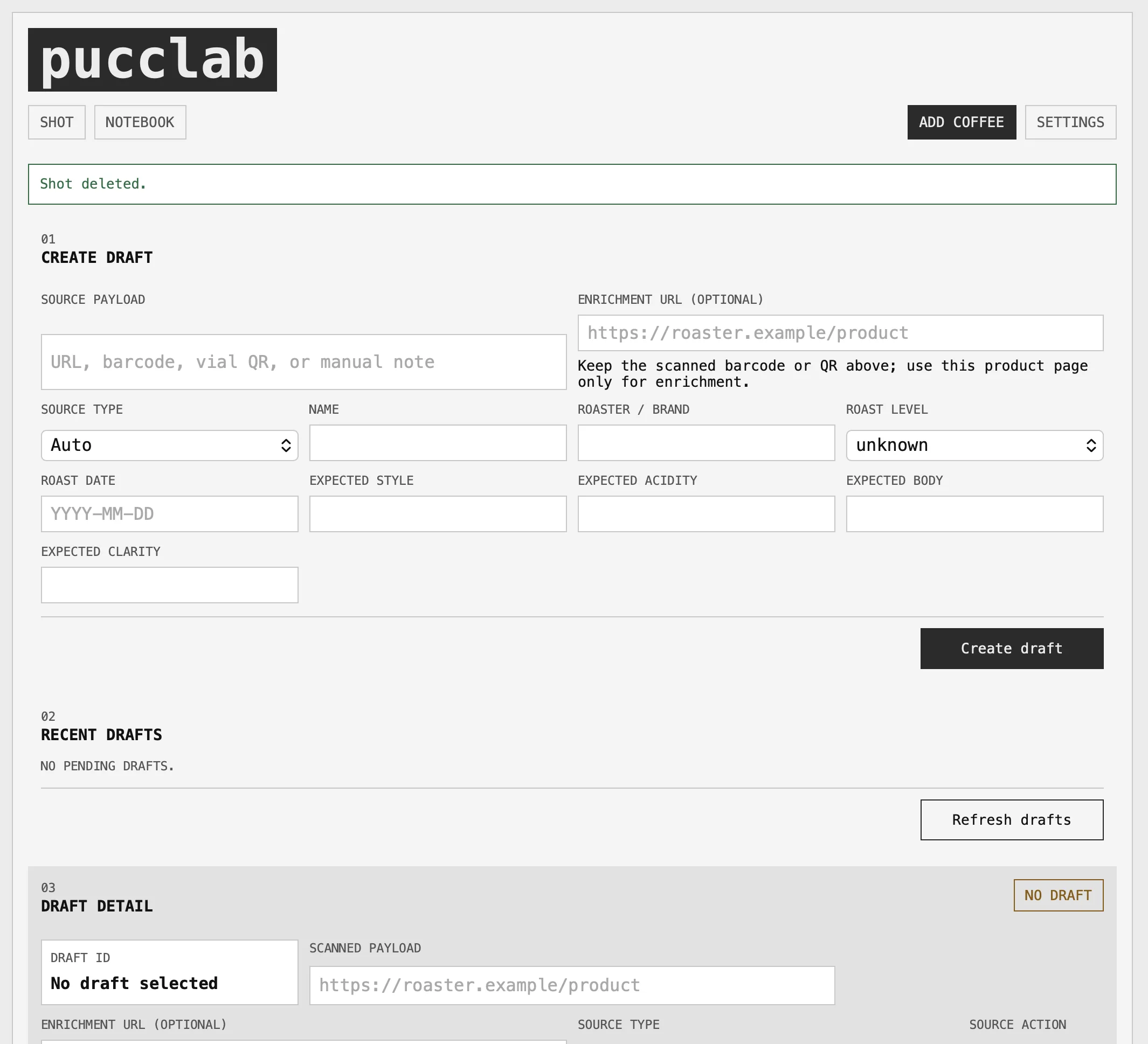 Add Coffee interface for manual records, scanned sources, drafts, and URL enrichment.