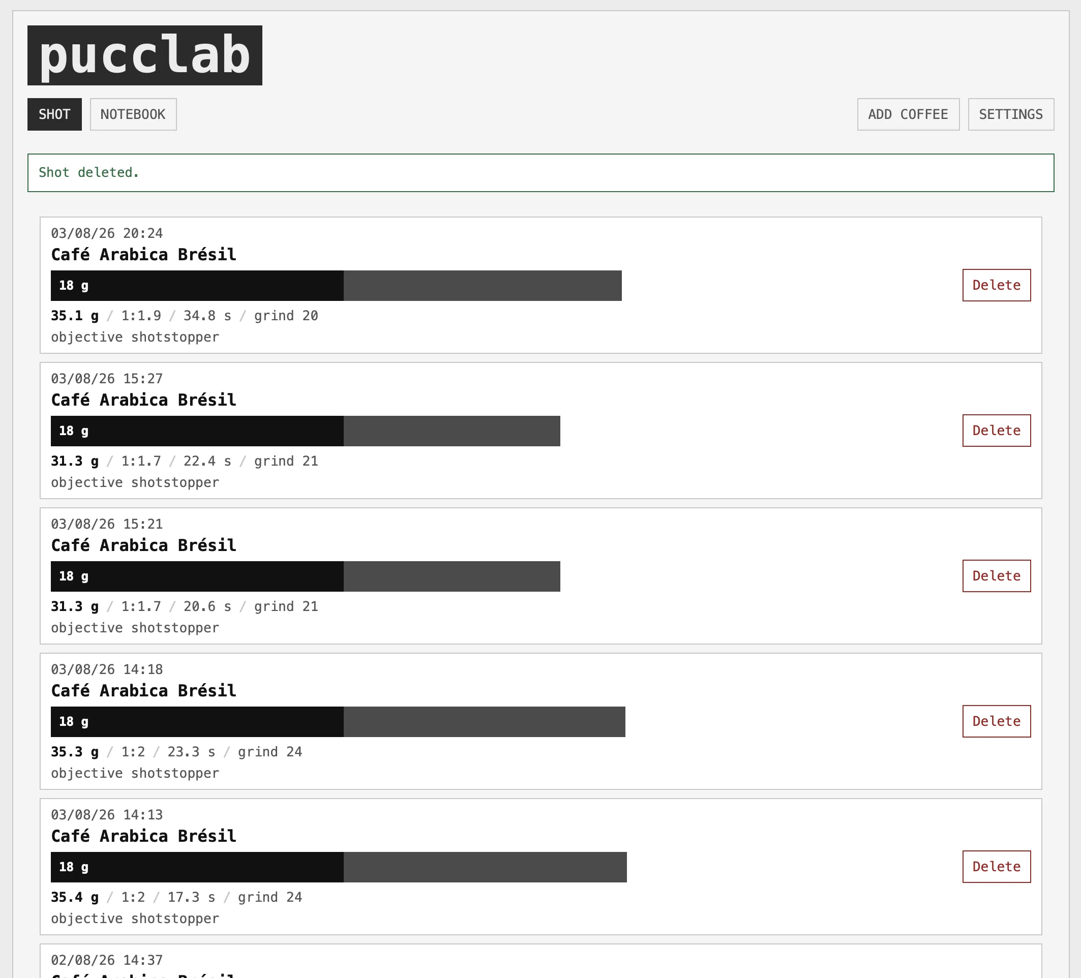 Pucclab shot history comparing recipes, extraction results and grinder settings.