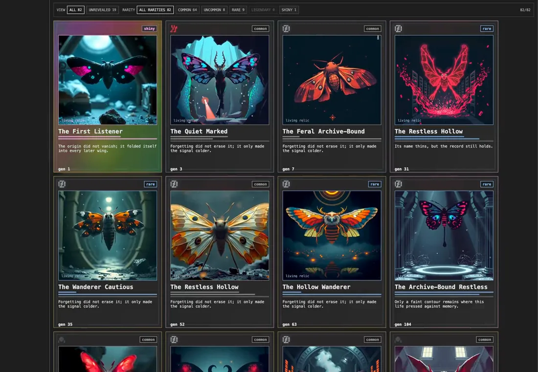 A gallery of MOTH animated relics depicting different organisms and their histories.